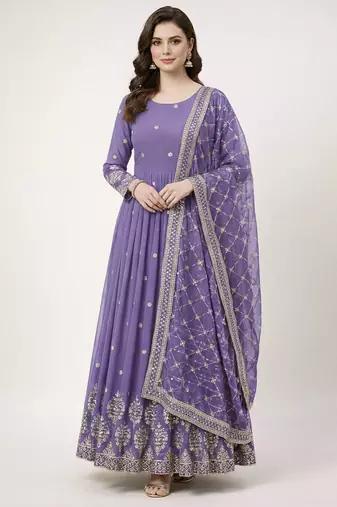 Lavender colour embroidered faux georgette gown with dupatta
