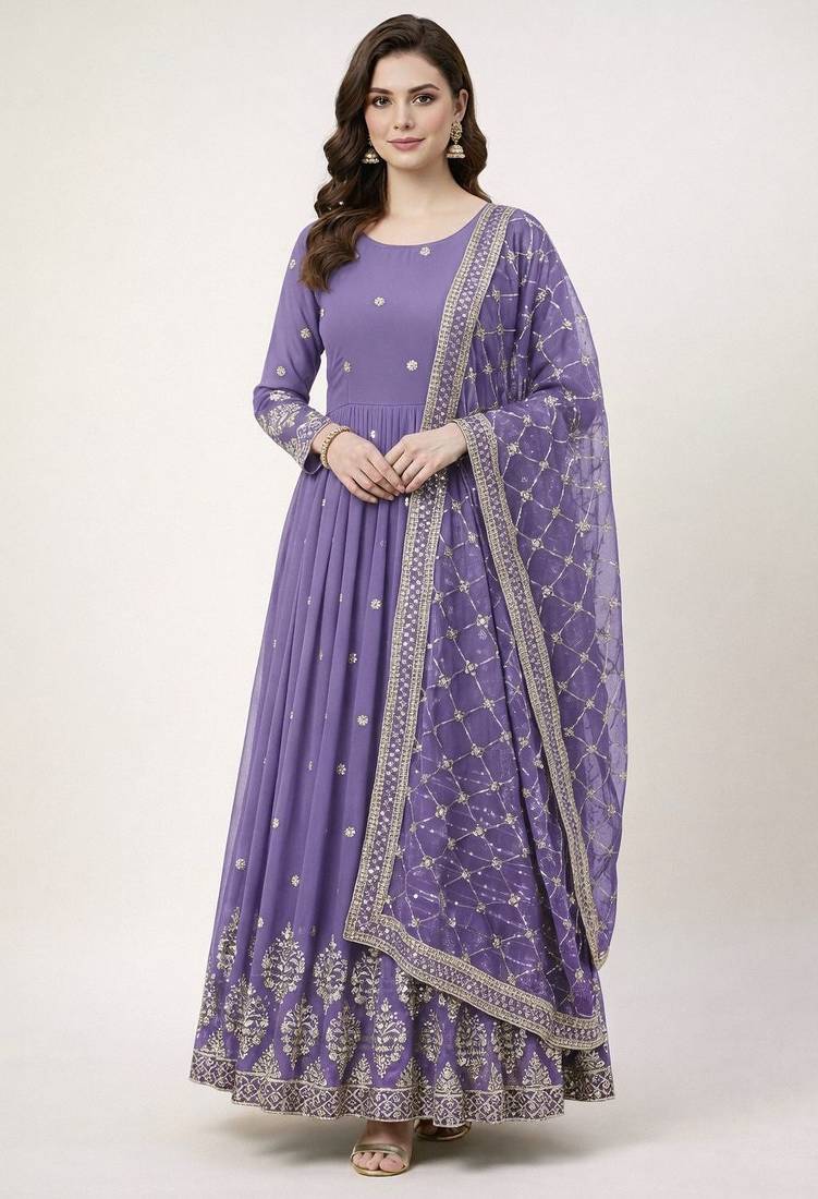 Lavender colour embroidered faux georgette gown with dupatta