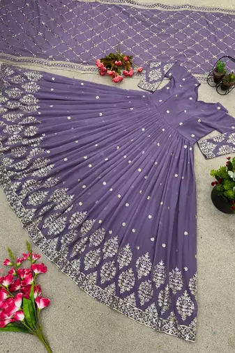 Lavender colour embroidered faux georgette gown with dupatta