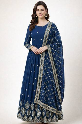 Navy blue colour embroidered faux georgette gown with dupatta