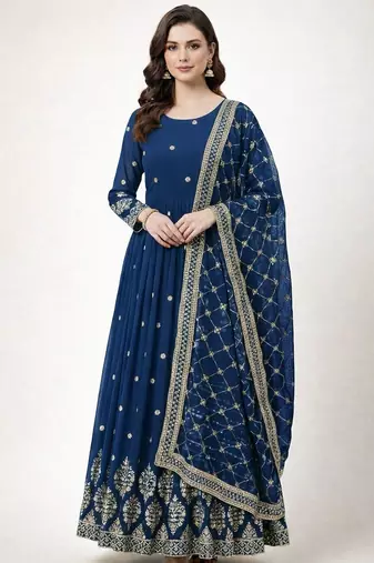 Navy blue colour embroidered faux georgette gown with dupatta