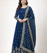 Navy blue colour embroidered faux georgette gown with dupatta
