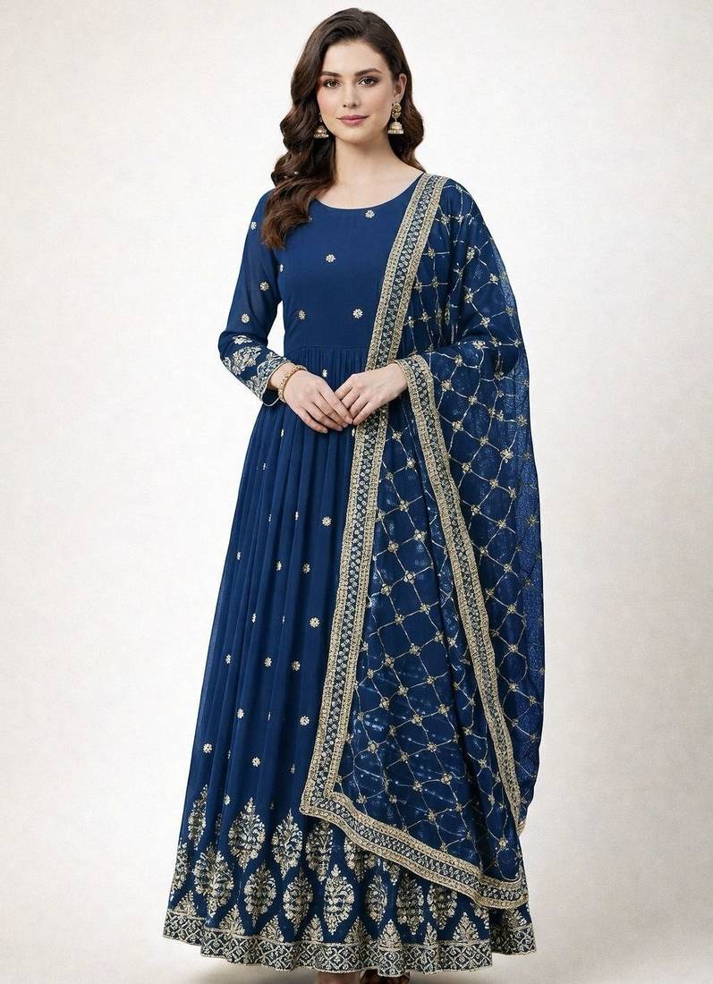 Navy blue colour embroidered faux georgette gown with dupatta