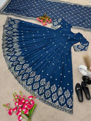 Navy blue colour embroidered faux georgette gown with dupatta 2