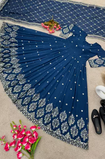 Navy blue colour embroidered faux georgette gown with dupatta