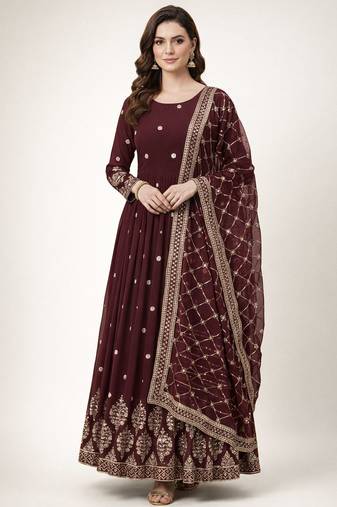 Maroon colour embroidered faux georgette gown with dupatta