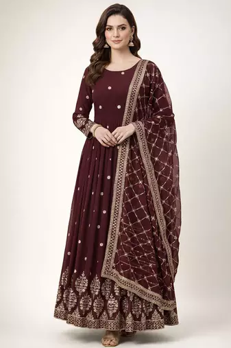 Maroon colour embroidered faux georgette gown with dupatta