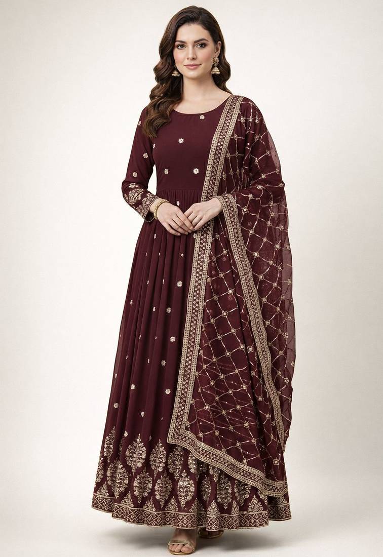 Maroon colour embroidered faux georgette gown with dupatta