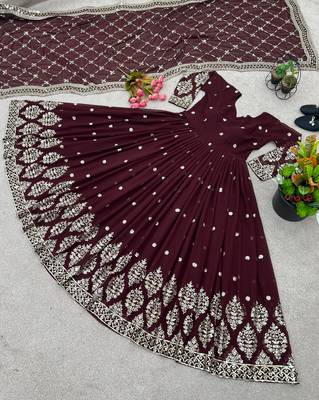 Maroon colour embroidered faux georgette gown with dupatta 2