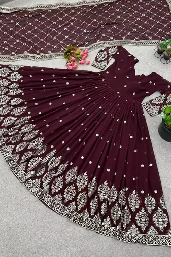Maroon colour embroidered faux georgette gown with dupatta