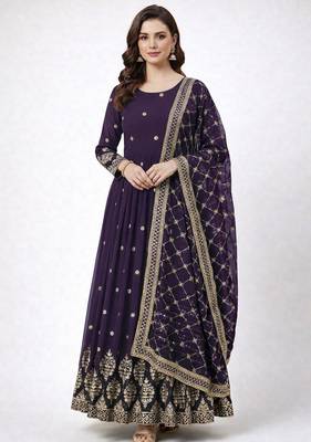 Purple colour embroidered faux georgette gown with dupatta 1