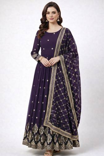 Purple colour embroidered faux georgette gown with dupatta