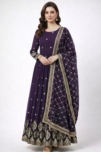 Purple colour embroidered faux georgette gown with dupatta