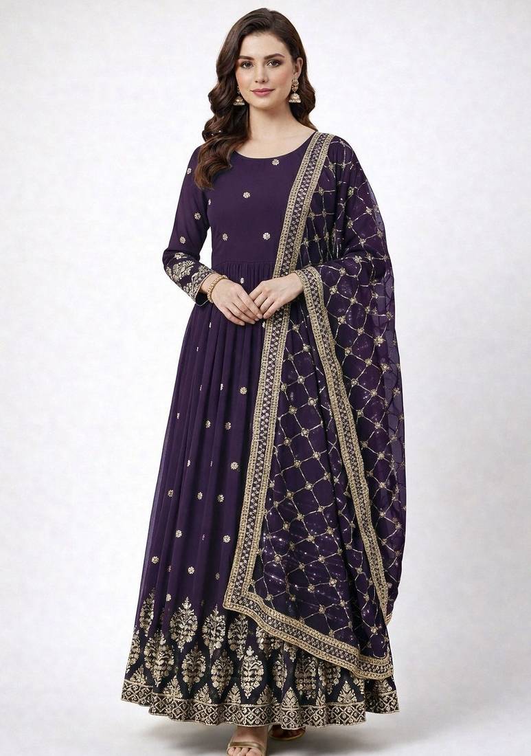 Purple colour embroidered faux georgette gown with dupatta