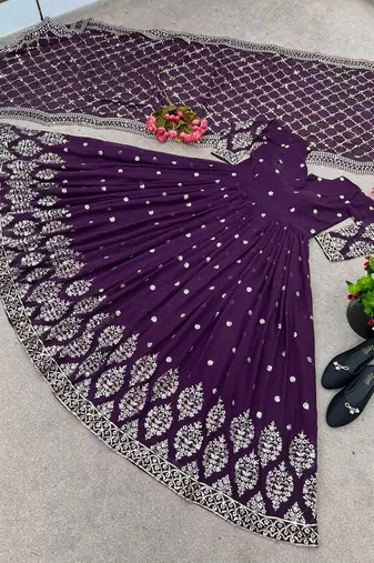 Purple colour embroidered faux georgette gown with dupatta