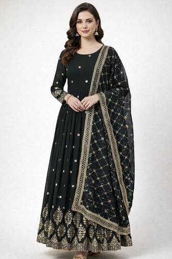 Black colour embroidered faux georgette gown with dupatta