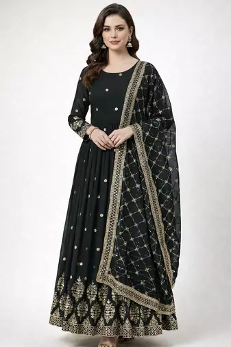 Black colour embroidered faux georgette gown with dupatta