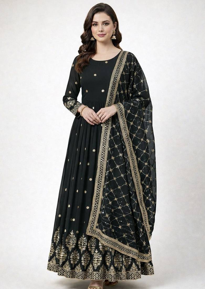 Black colour embroidered faux georgette gown with dupatta