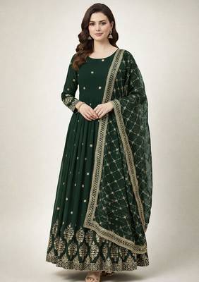Green colour embroidered faux georgette gown with dupatta 1