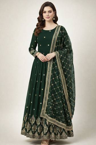 Green colour embroidered faux georgette gown with dupatta