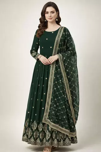 Green colour embroidered faux georgette gown with dupatta