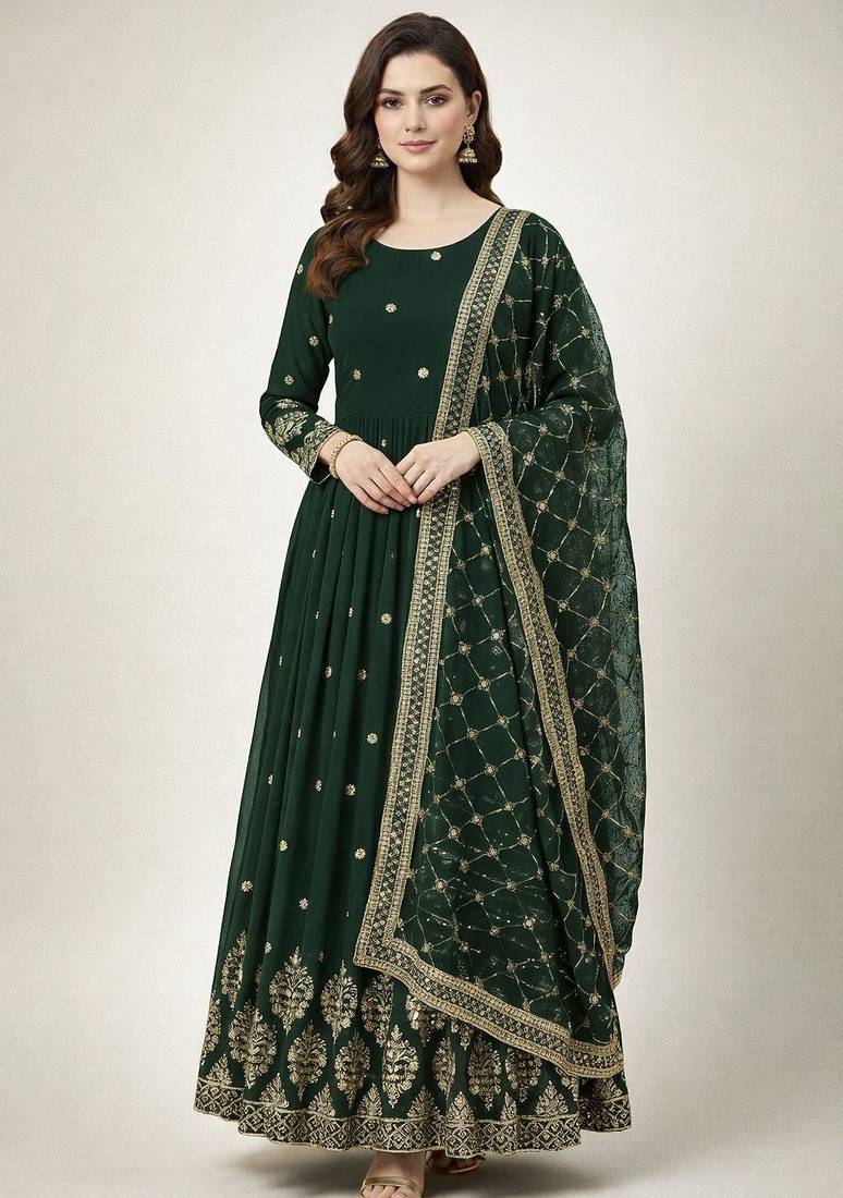 Green colour embroidered faux georgette gown with dupatta