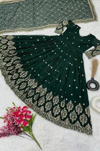 Green colour embroidered faux georgette gown with dupatta
