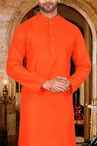 Dark orange cotton kurta with pattern work and fancy button