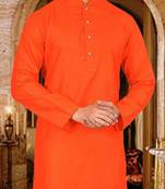 Dark orange cotton kurta with pattern work and fancy button