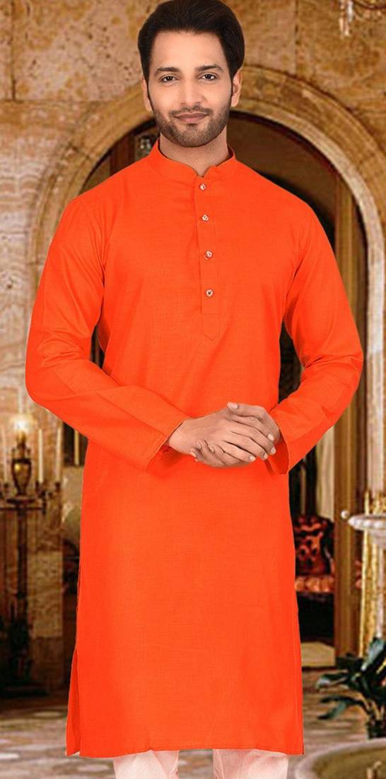 Dark orange cotton kurta with pattern work and fancy button