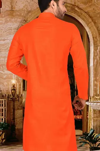 Dark orange cotton kurta with pattern work and fancy button
