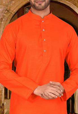 Dark orange cotton kurta with pattern work and fancy button 3