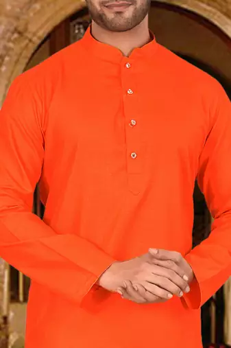 Dark orange cotton kurta with pattern work and fancy button