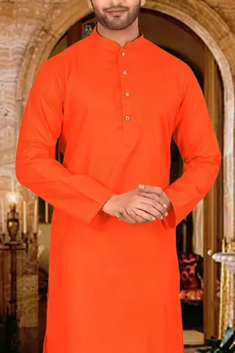 Dark orange cotton kurta with pattern work and fancy button