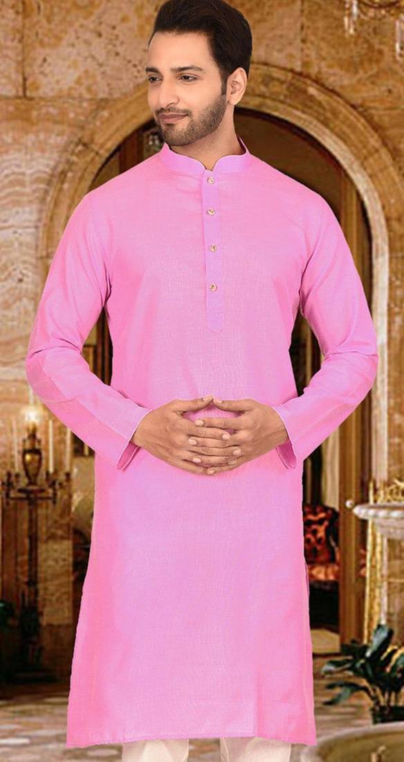Pink cotton kurta with pattern work and fancy button