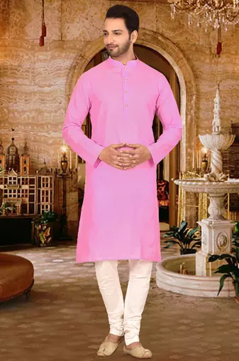 Pink cotton kurta with pattern work and fancy button