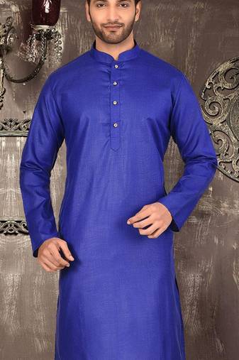 Royal blue cotton kurta with pattern work and fancy button