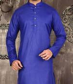 Royal blue cotton kurta with pattern work and fancy button