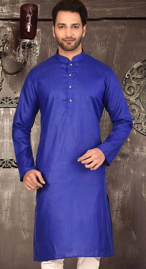 Royal blue cotton kurta with pattern work and fancy button