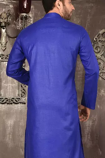 Royal blue cotton kurta with pattern work and fancy button