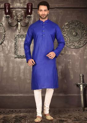 Royal blue cotton kurta with pattern work and fancy button 4