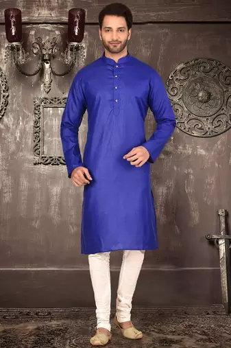 Royal blue cotton kurta with pattern work and fancy button