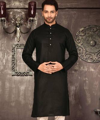 Black cotton kurta with pattern work and fancy button 1