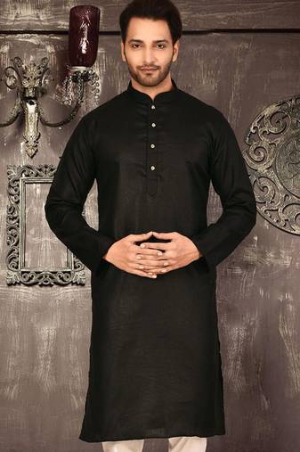 Black cotton kurta with pattern work and fancy button
