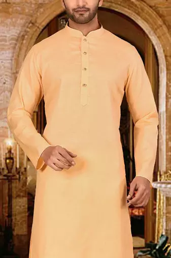 Beige cotton kurta with pattern work and fancy button