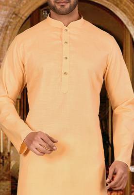 Beige cotton kurta with pattern work and fancy button 3