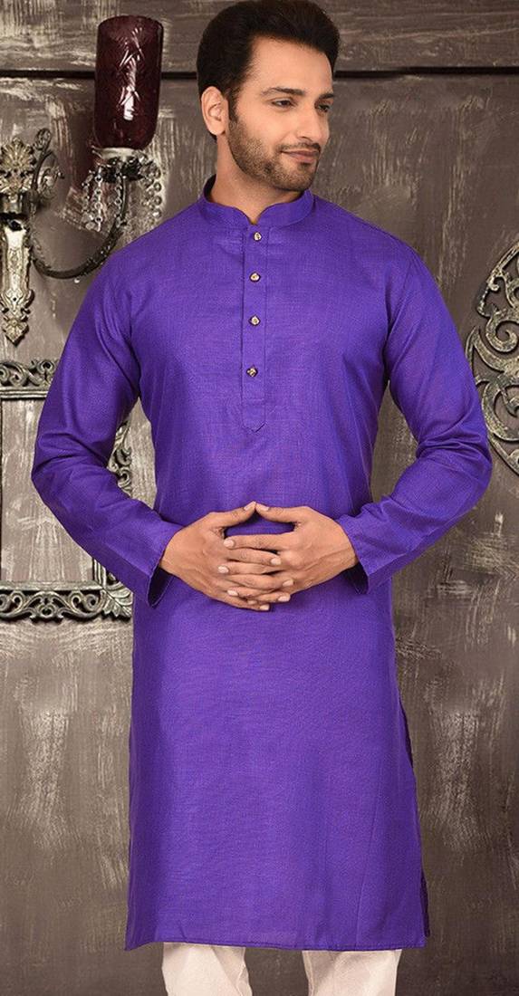 Purple cotton kurta with pattern work and fancy button