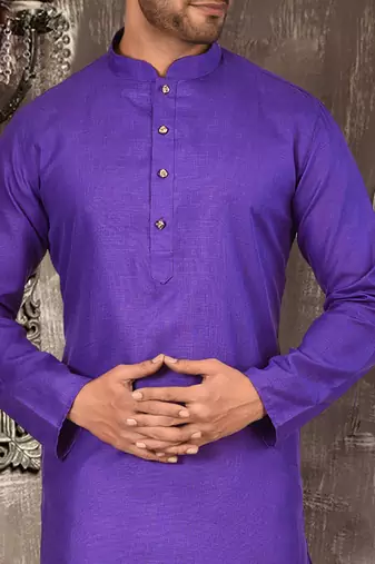 Purple cotton kurta with pattern work and fancy button