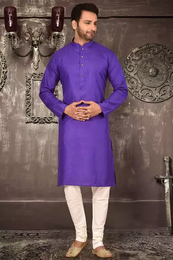 Purple cotton kurta with pattern work and fancy button