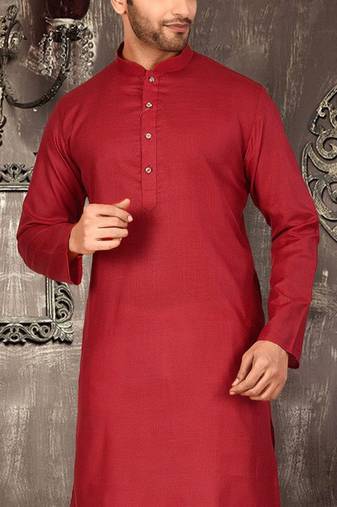 Red cotton kurta with pattern work and fancy button